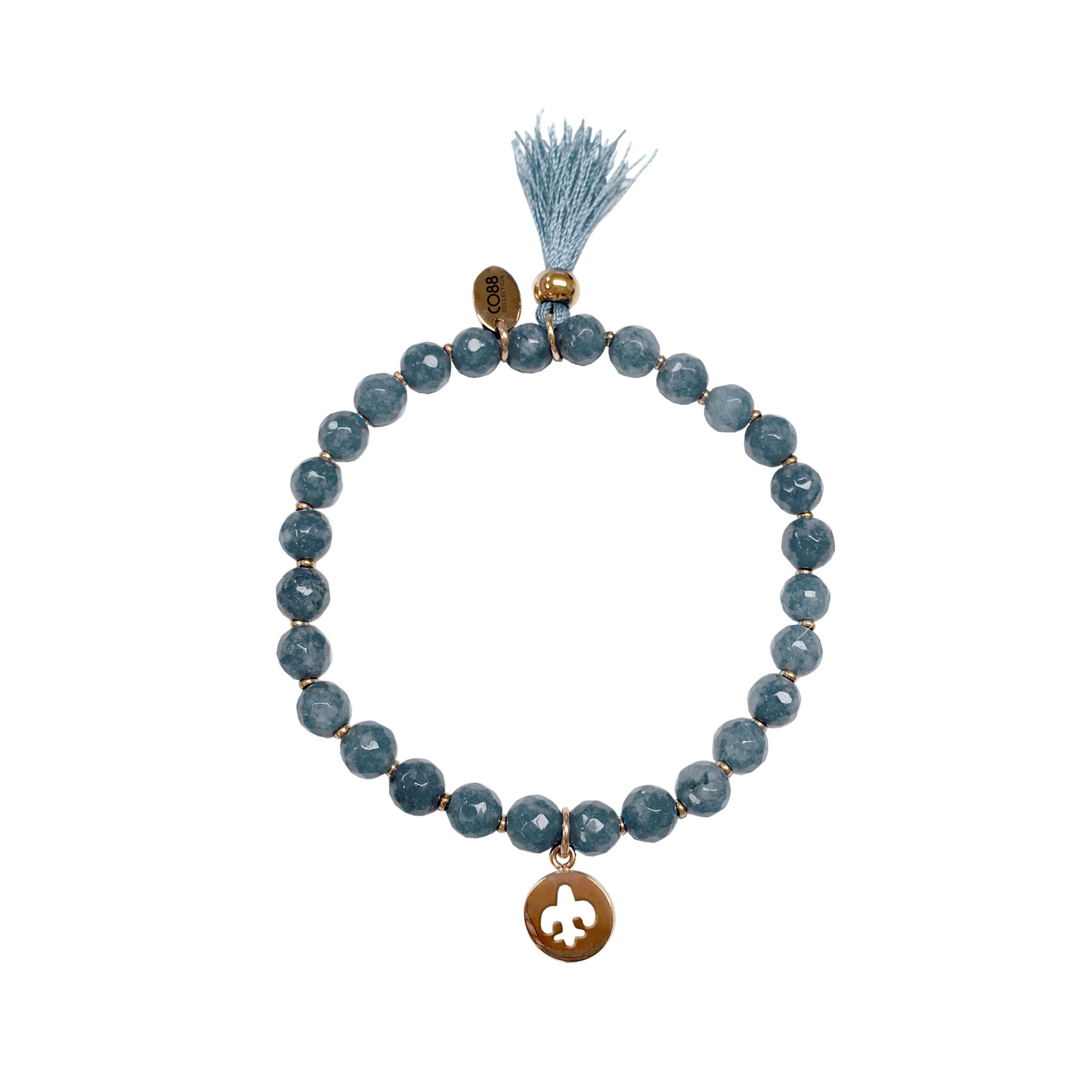 8CB-40014 Bracelet MAELYSSE en pierres naturelles bleues avec un pompon et une pampille