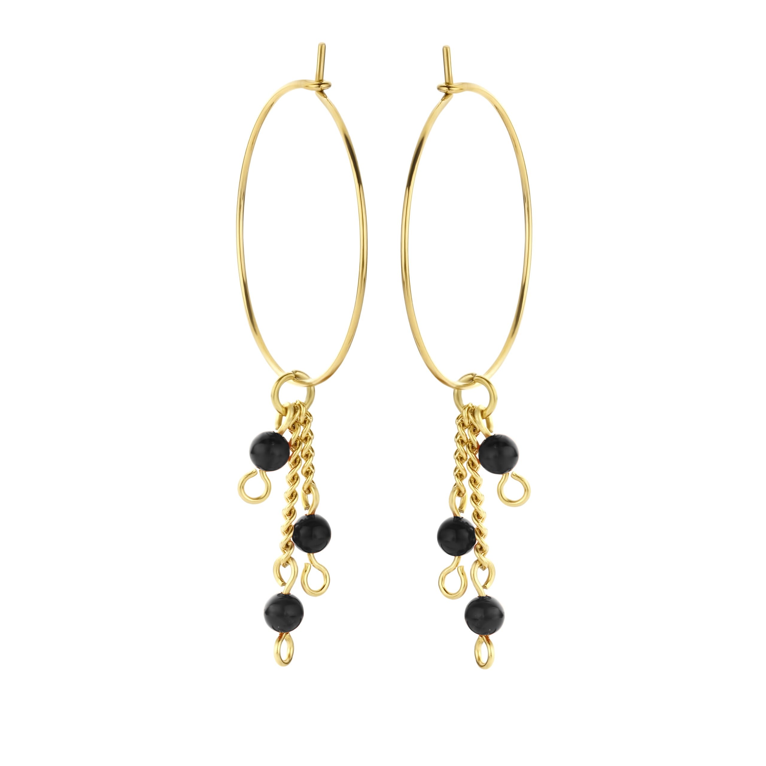 8CE-70393 Boucles d'oreilles Co88 France en acier inoxydable doré et pierres naturelles noires