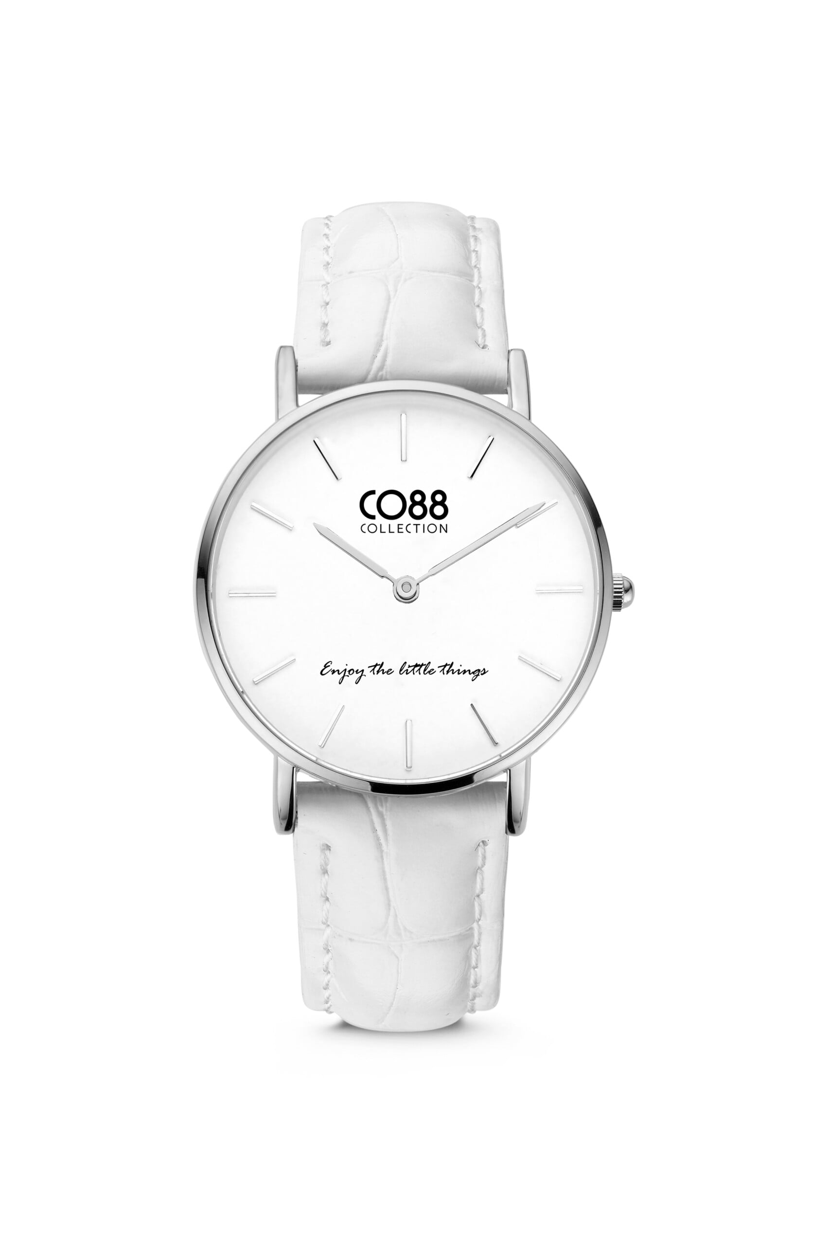 8CW-10079 Bracelet Co88 France en cuir blanc et acier inoxydable argenté, cadrant blanc