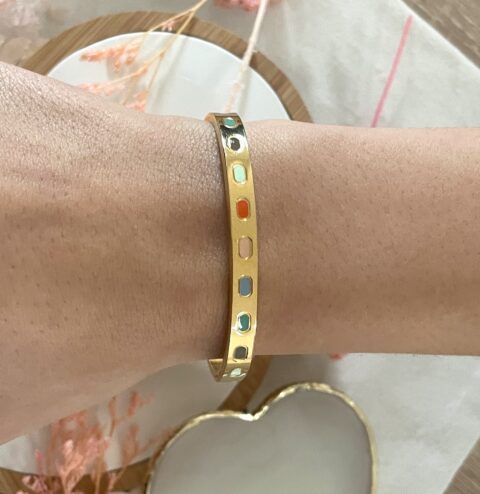 Bracelet jonc en acier inoxydable doré et émail multicolore
