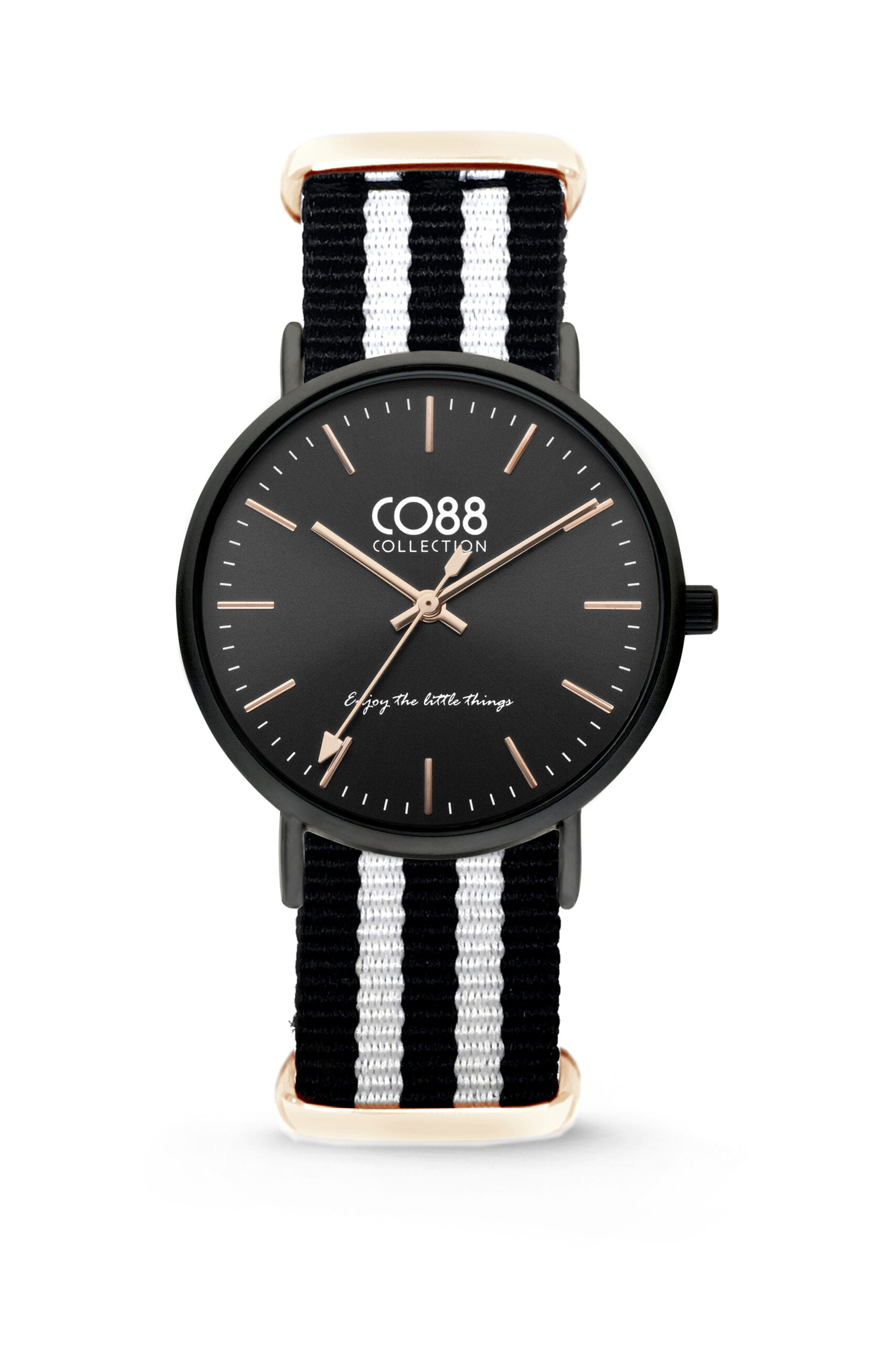 8CW-10036 Montre Co88 France en tissu noir et blanc et acier inoxydable rose gold
