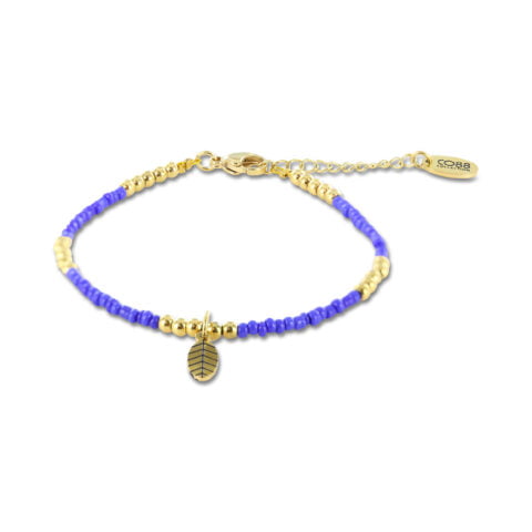 Bracelet Co88 France en acier inoxydable et perles bleues avec pampille feuille dorée