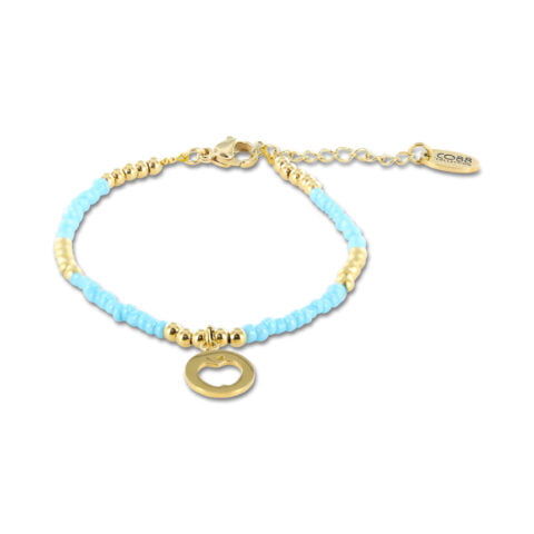 Bracelet Co88 France en acier inoxydable doré et perles bleu clair, pampille pomme dorée