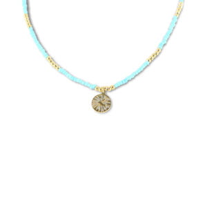 Collier Co88 France en acier inoxydable doré et perles bleu clair avec pampilles dorée