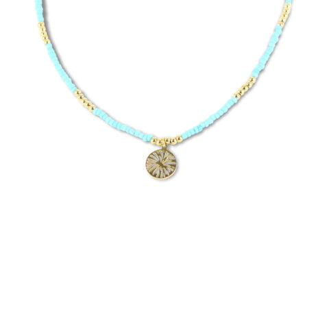 Collier Co88 France en acier inoxydable doré et perles bleu clair avec pampilles dorée
