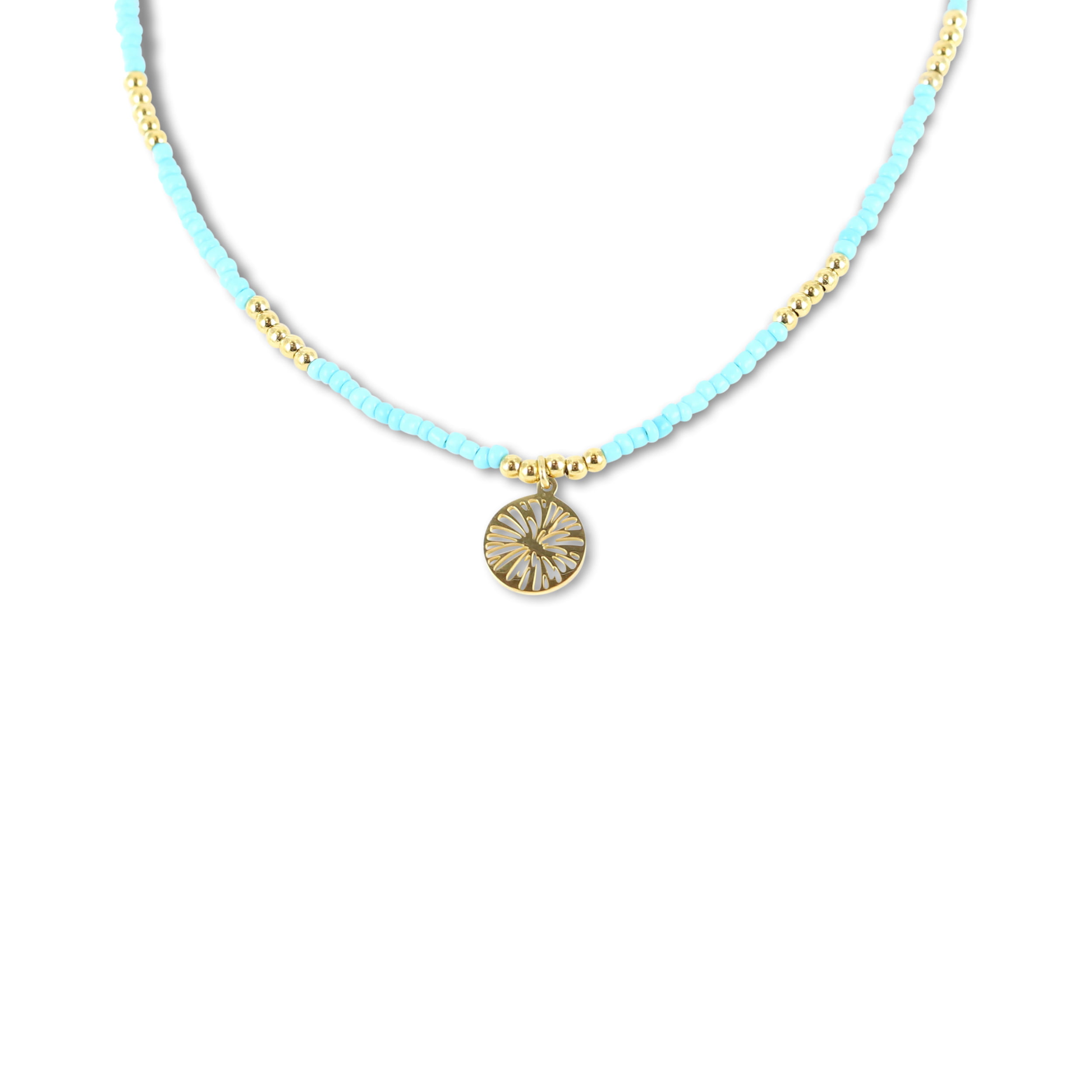 Collier Co88 France en acier inoxydable doré et perles bleu clair avec pampilles dorée
