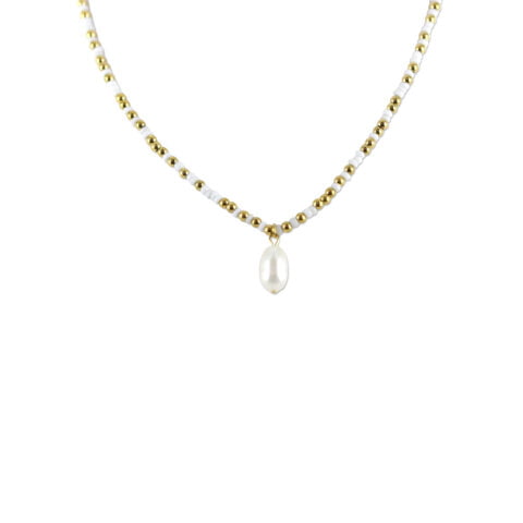 Collier Co88 France en acier inoxydable doré et perles blanches, pampille perle d'eau douce