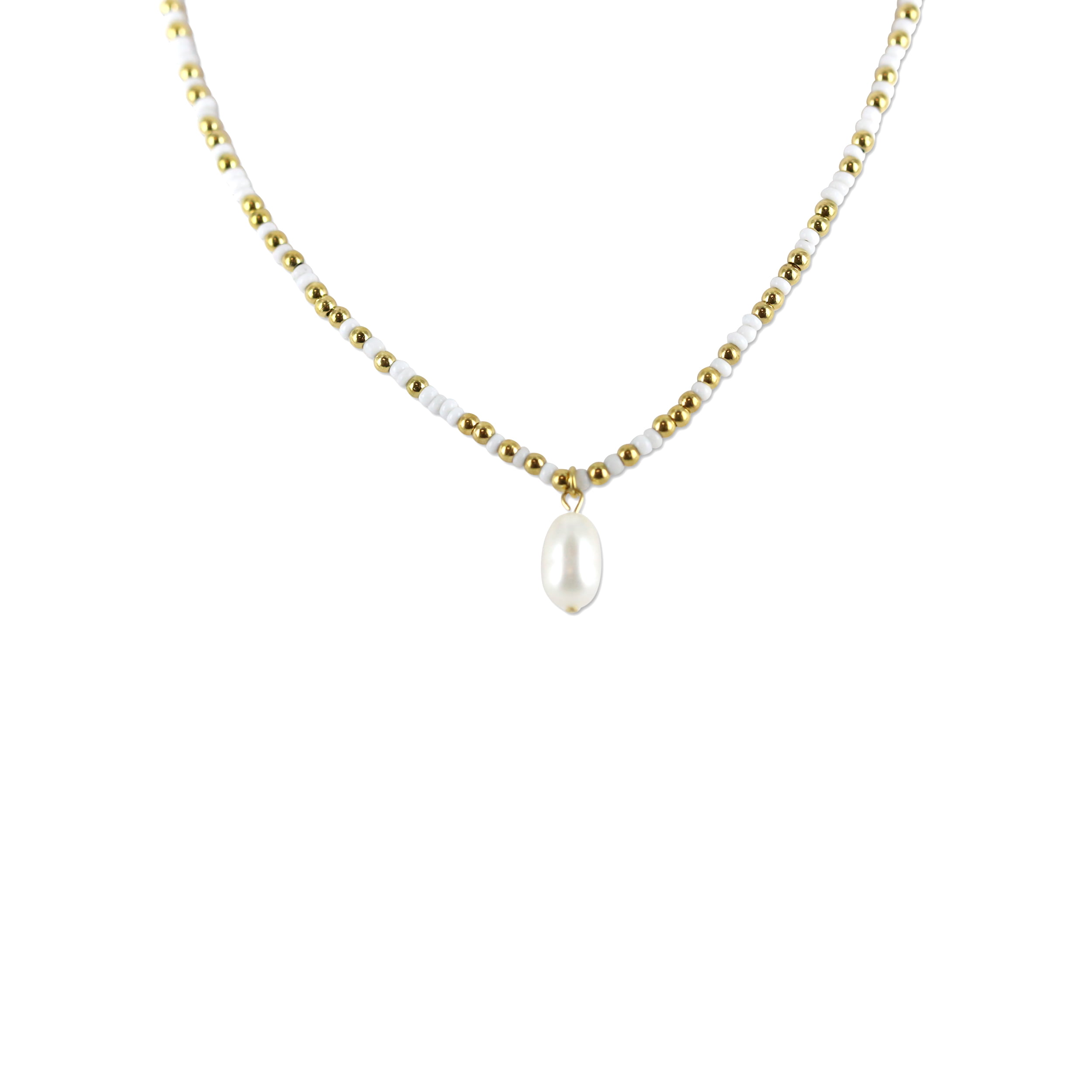 Collier Co88 France en acier inoxydable doré et perles blanches, pampille perle d'eau douce