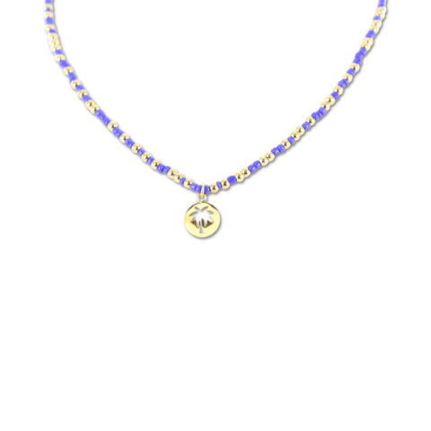 Collier Co88 France en acier inoxydable et perles bleu foncé avec pampille palmier doré