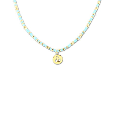Collier Co88 France en acier inoxydable doré et perles bleues, pampille cerise
