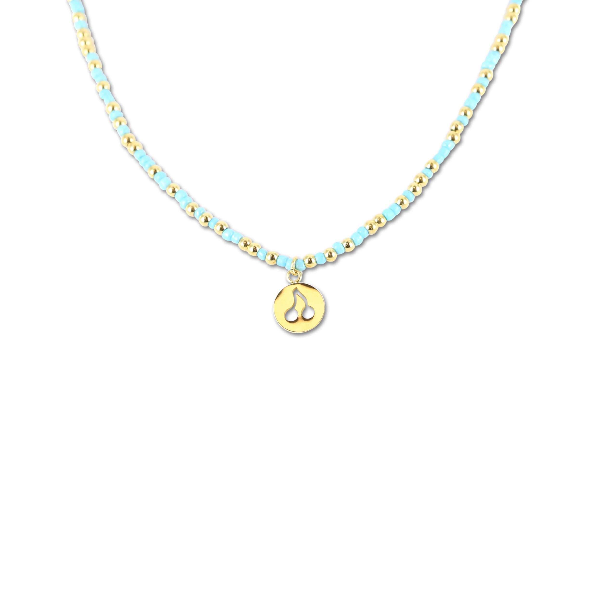 Collier Co88 France en acier inoxydable doré et perles bleues, pampille cerise