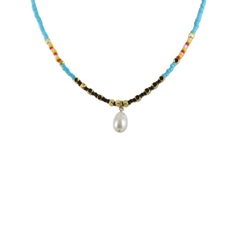 Collier Co88 France en acier inoxydable et perles colorées avec pampille perle d'eau douce