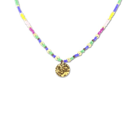 Collier en perles colorées MELINA et pampille dorée en acier inoxydable