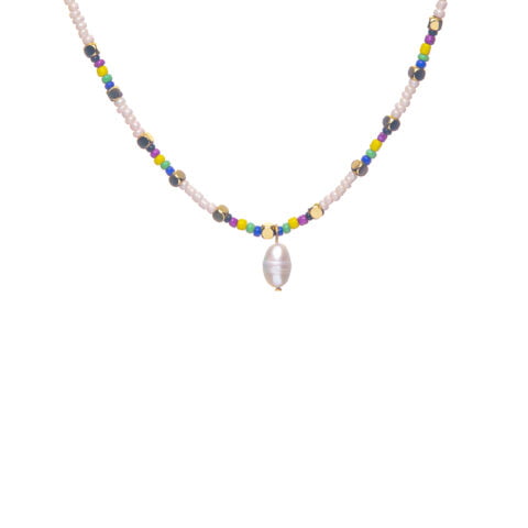 Collier CASSANDRE en acier inoxydable de la marque CO88France en perles colorées et nacrées et pampille perle d'eau douce