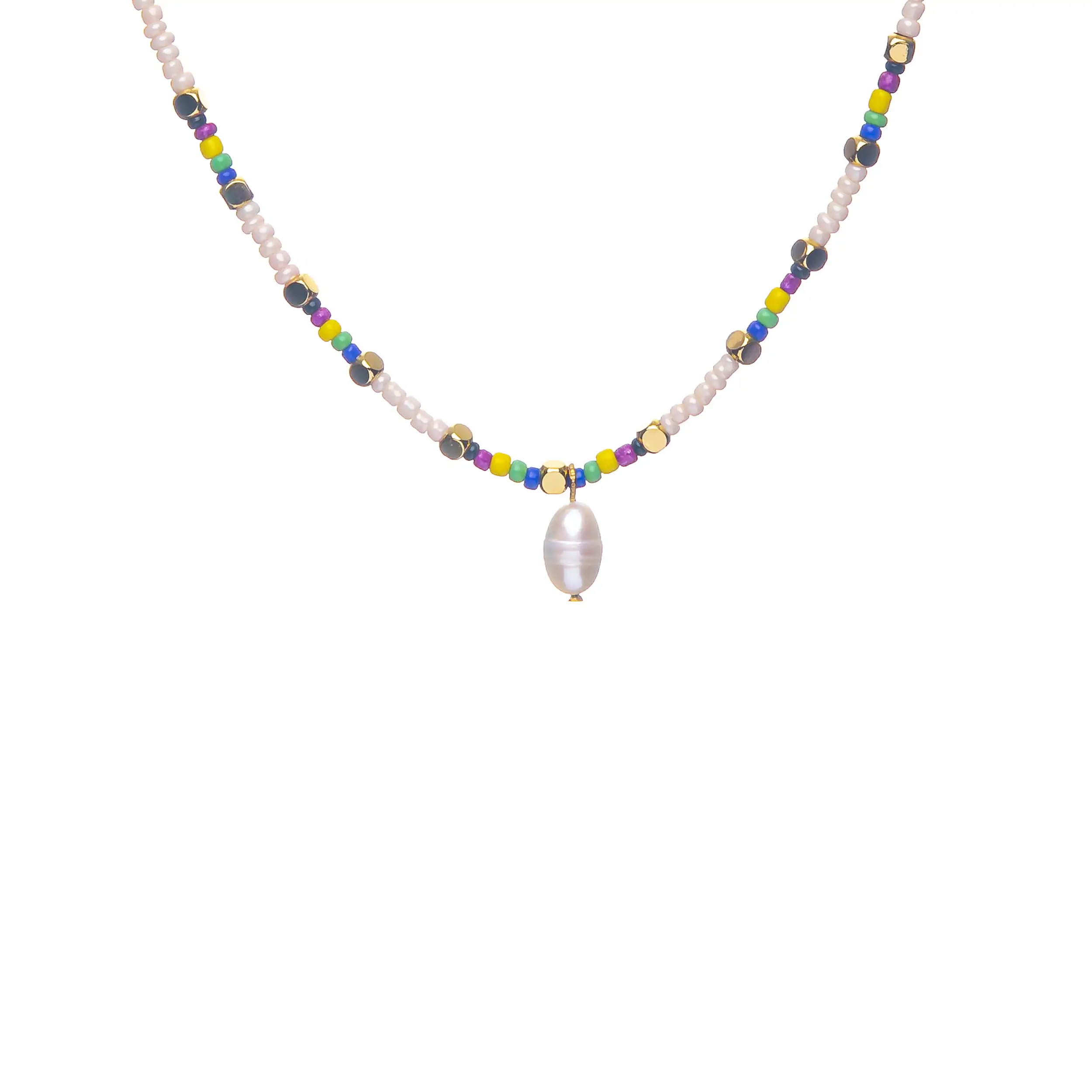 Collier CASSANDRE en acier inoxydable de la marque CO88France en perles colorées et nacrées et pampille perle d'eau douce