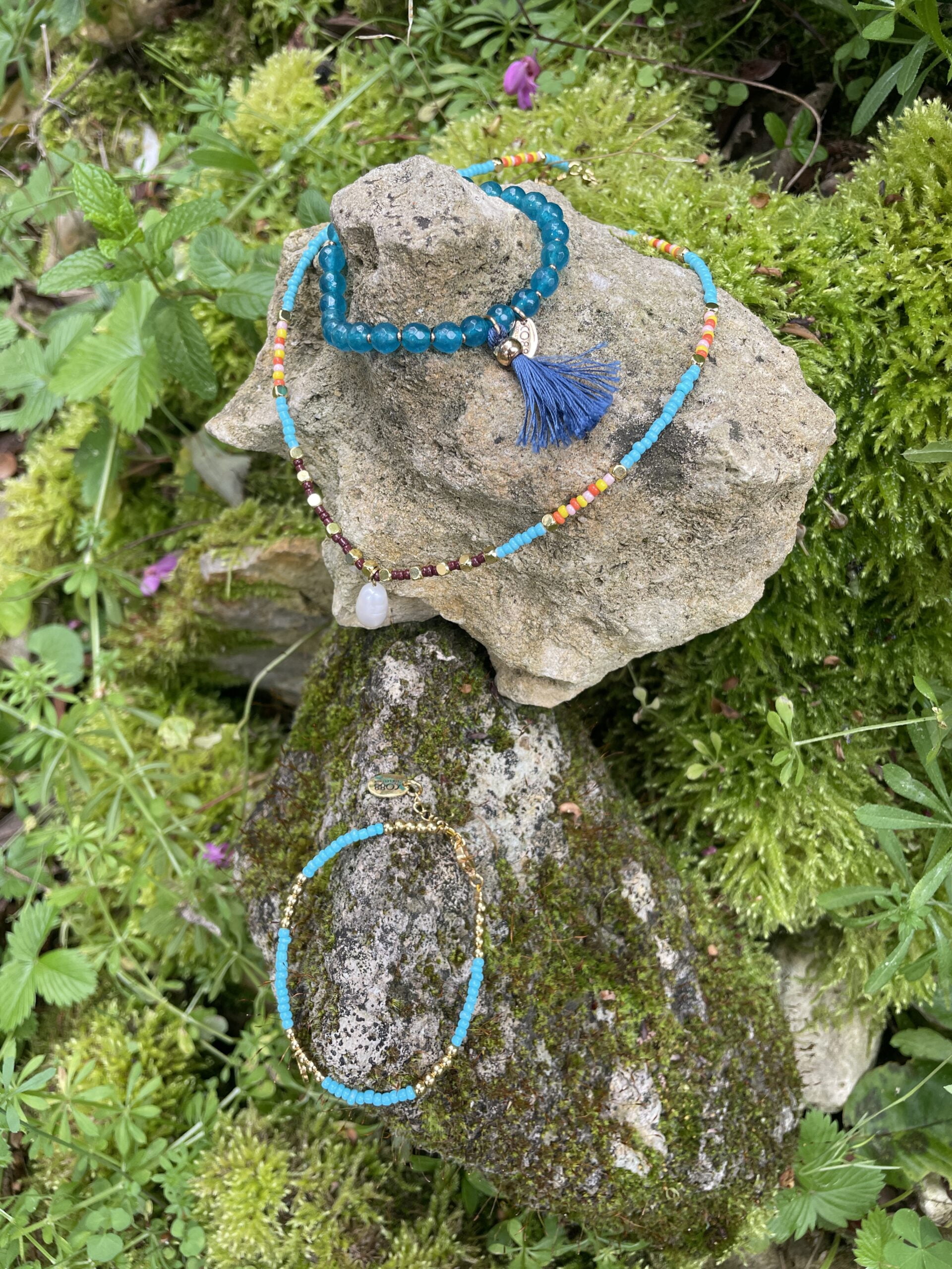 Bijoux Co88 France bleus, collier et bracelets avec pampille